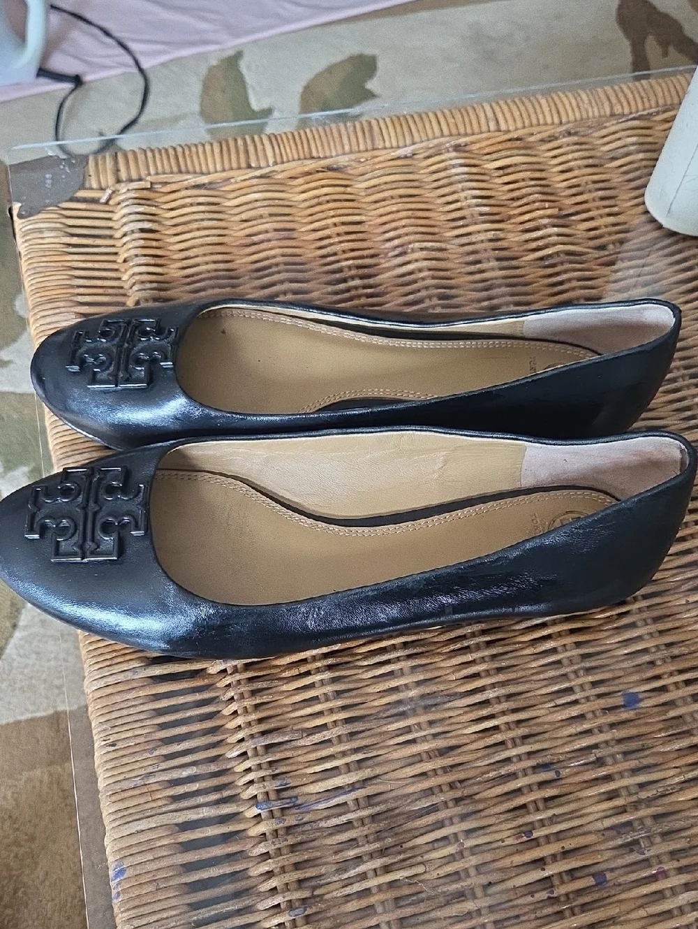 Tory Burch Black Leather Logo Ballet Flats